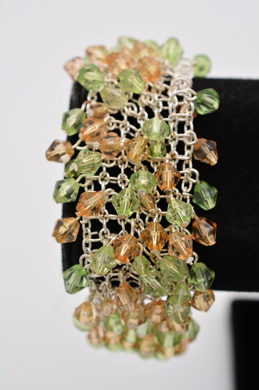 Vintage Beaded Bracelet Lucite Dangle Green Peach Silver Tone Chain 1990s Bin5